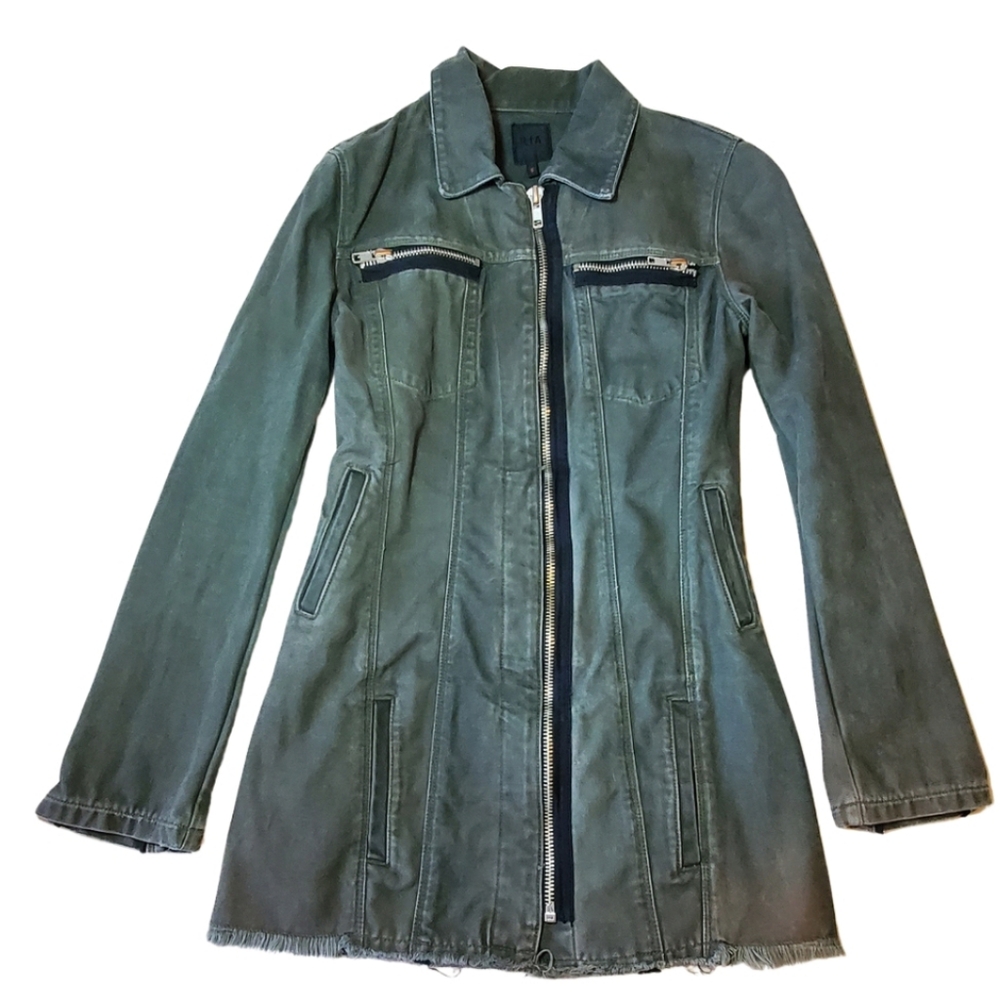 RtA Military Green Denim Distressed Zip-Front Jacket Mini Bodycon Dress Small